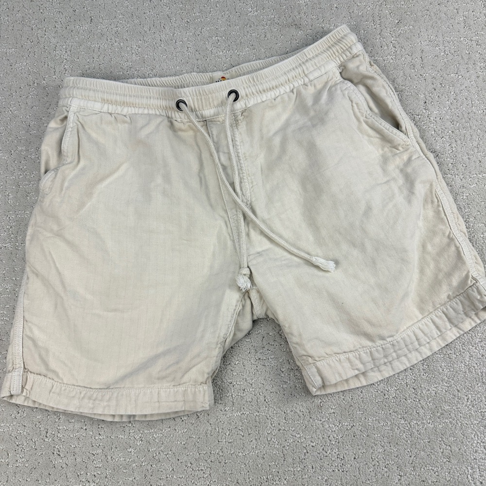 Marine Layer Saturday Beach Short Mens Medium Natural Tan Woven Leaf Texture 6in